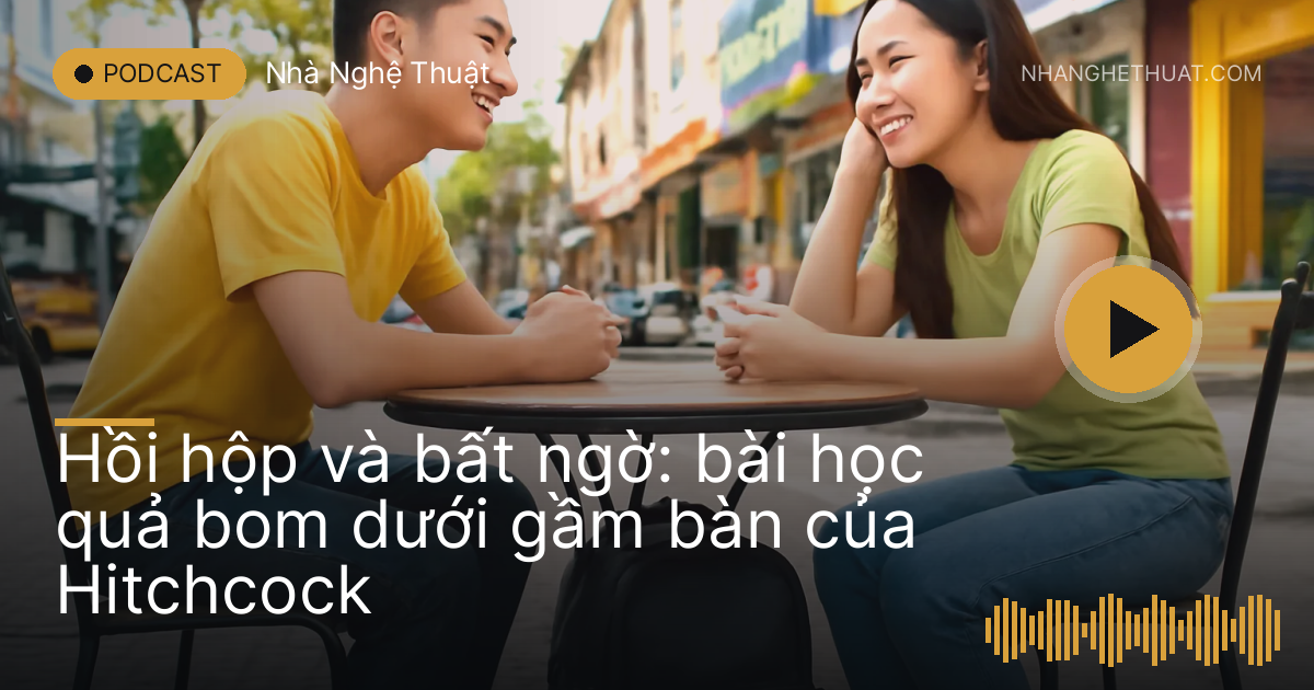 Hai người ngồi bàn quán cà phê, cận cảnh chiếc túi để dưới chân bàn