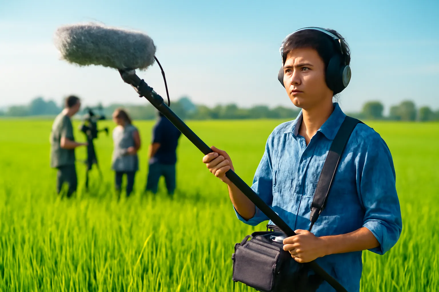 Người làm âm thanh đeo tai nghe giơ sào micro ngoài cánh đồng
