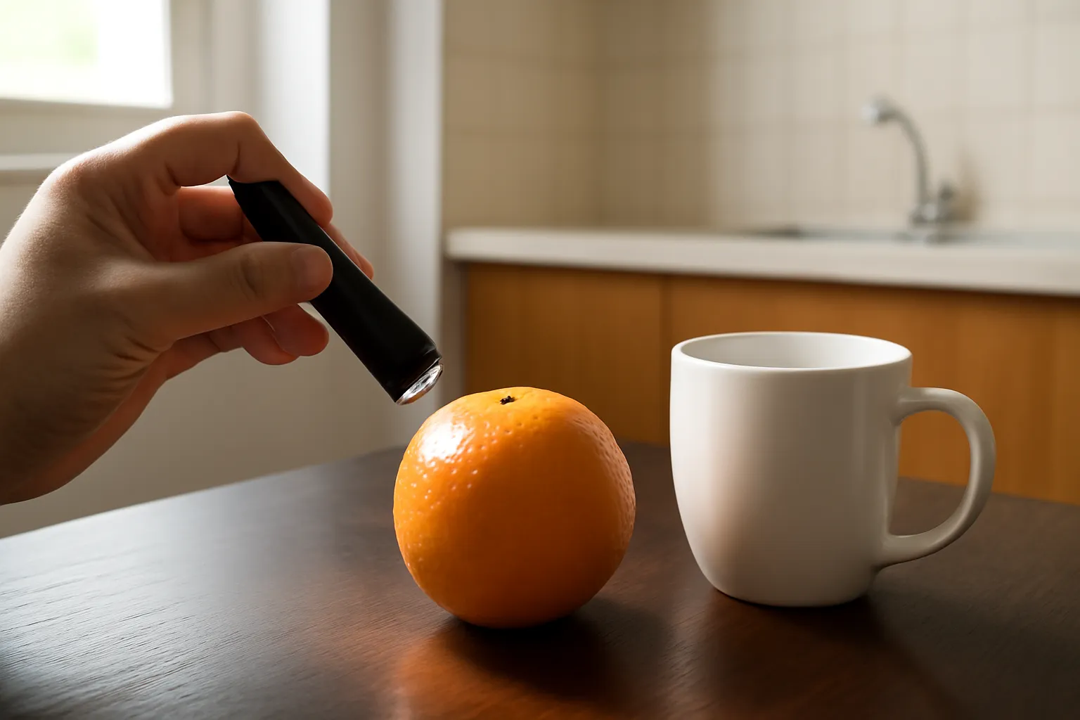 Quả cam trên bàn gỗ tối được rọi sáng nghiêng bởi một chiếc đèn pin