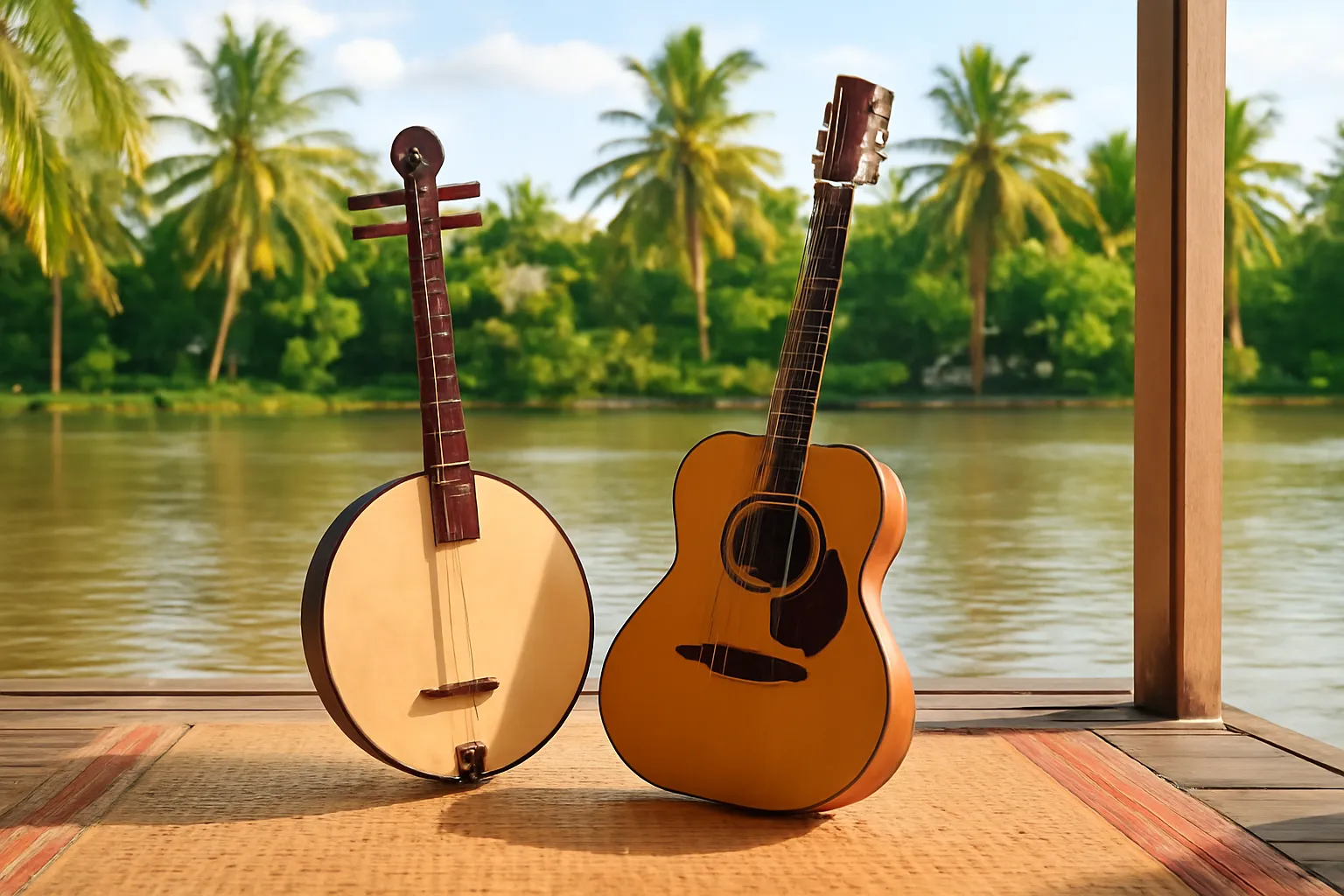 Cây đàn kìm và đàn ghi ta phím lõm đặt trên chiếu ngoài hiên nhà miền Tây