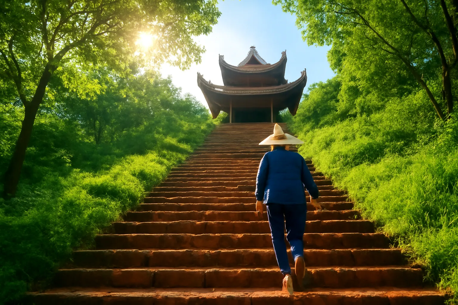 Bậc đá ong dẫn lên chùa cổ trên đồi giữa cây xanh buổi sáng