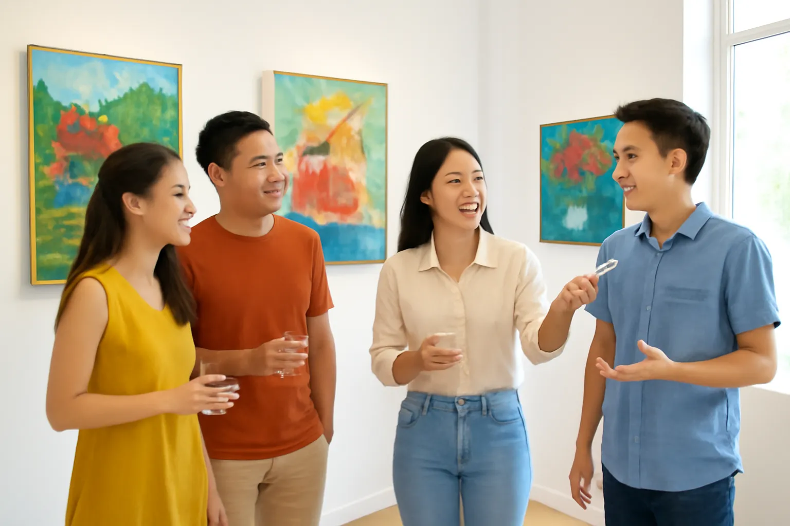 Nhóm bạn trẻ đứng trò chuyện trong phòng tranh tường trắng, ly nước trên tay