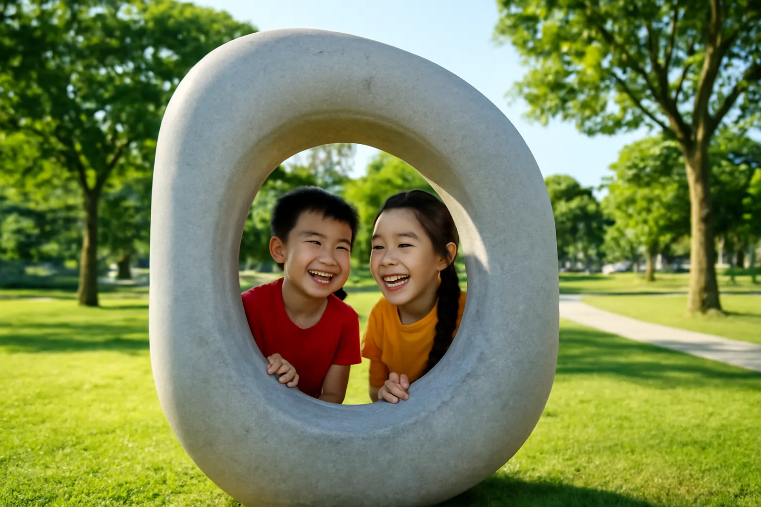 Tượng hình khối trơn có lỗ thủng giữa bãi cỏ công viên, trẻ nhìn qua lỗ