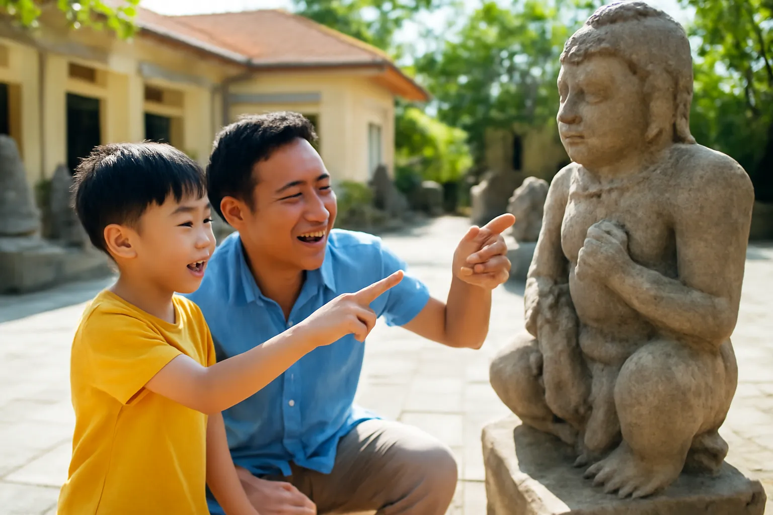 Bố ngồi xổm ngang tầm con trai chỉ lên bức tượng ở sân bảo tàng