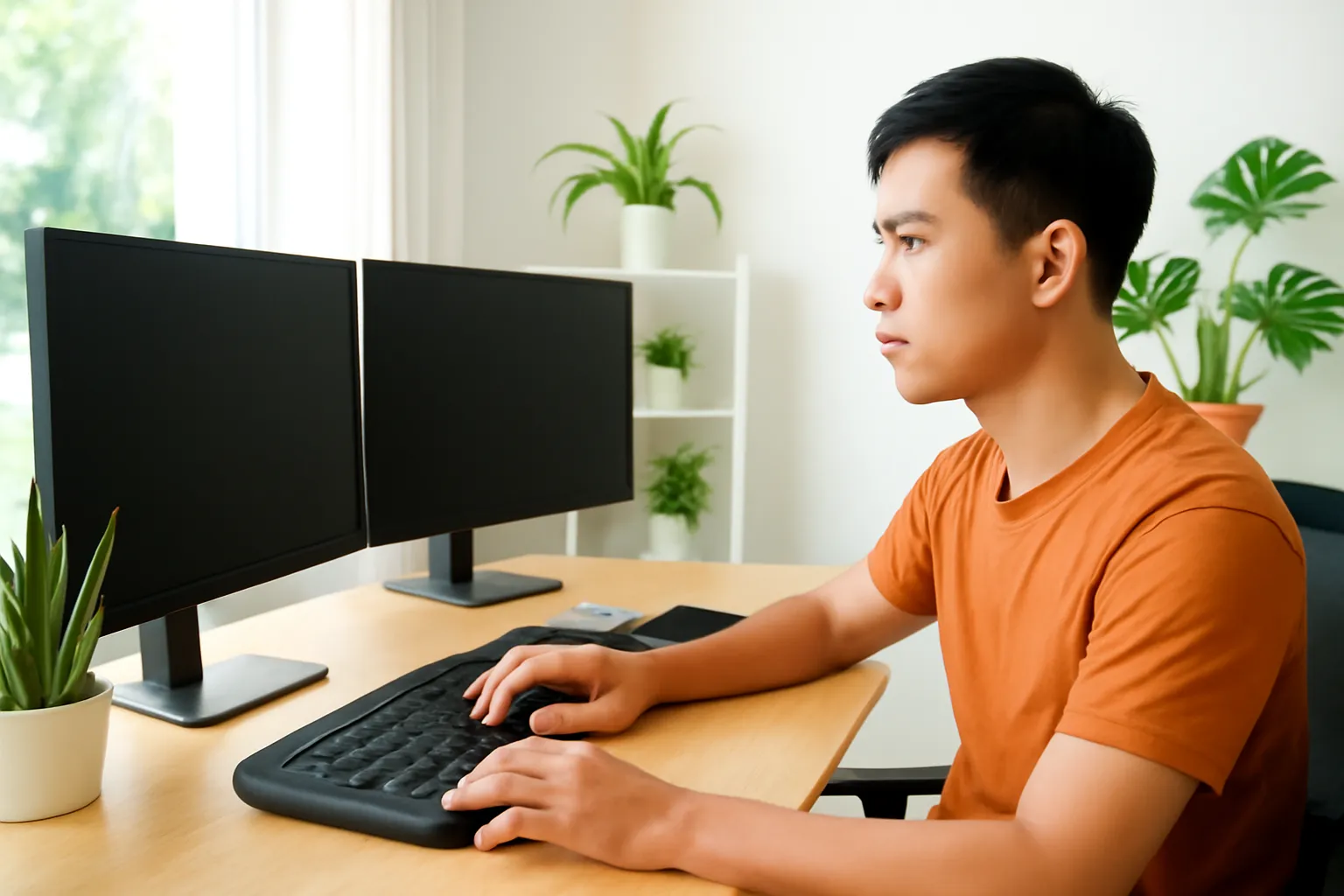 Bàn dựng phim với hai màn hình tối trống, bàn tay trên bàn phím