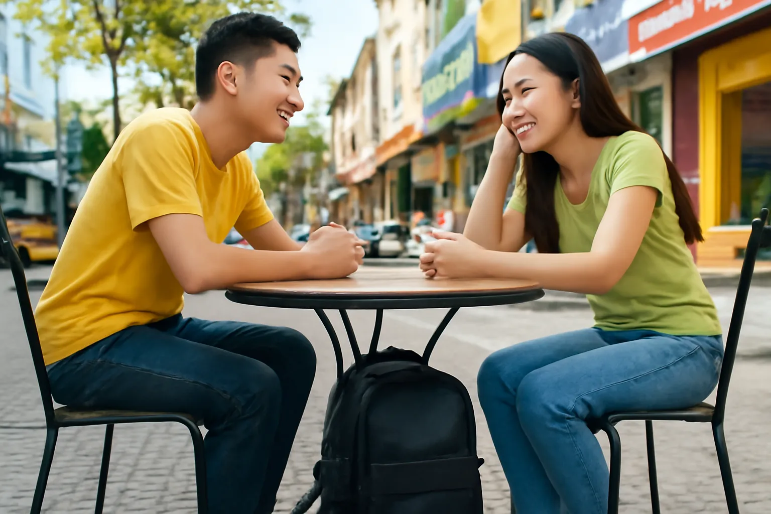 Hai người ngồi bàn quán cà phê, cận cảnh chiếc túi để dưới chân bàn