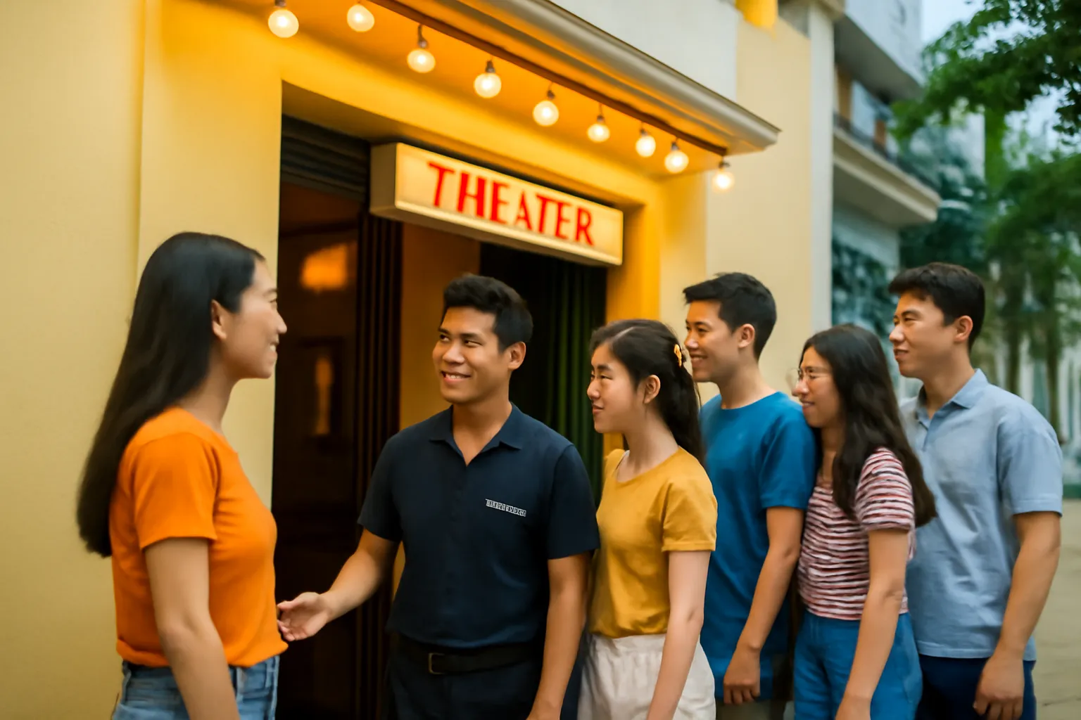 Khán giả xếp hàng vào cửa một nhà hát nhỏ buổi tối dưới đèn vàng ấm
