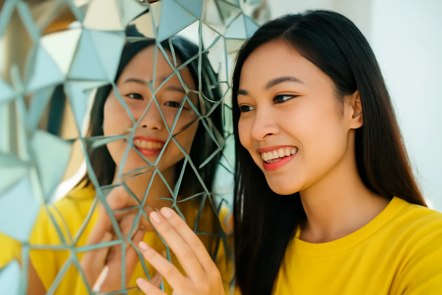 Gương nhiều mảnh phản chiếu khuôn mặt cô gái thành nhiều góc