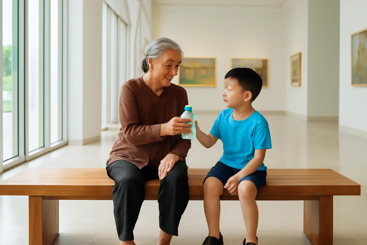 Bà và cháu ngồi nghỉ trên băng ghế dài hành lang bảo tàng sáng sủa