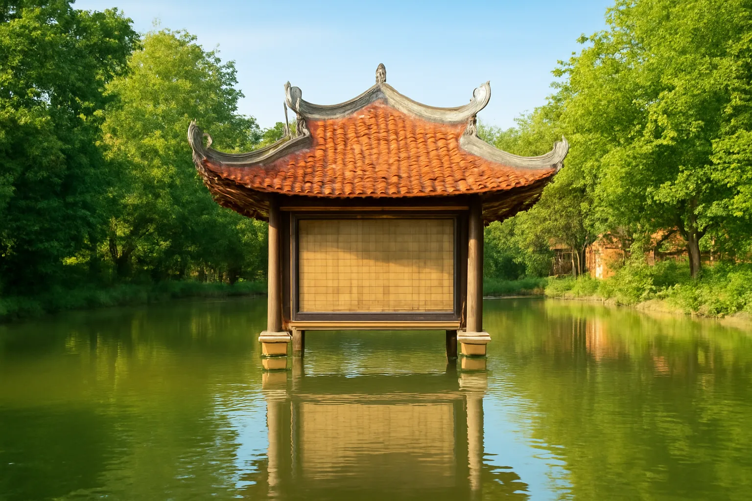 Thuỷ đình mái cong giữa ao làng, mặt nước phản chiếu buổi chiều
