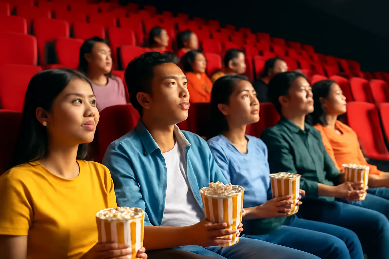 Hàng ghế rạp chiếu màu đỏ, khán giả trẻ nhìn lên màn hình