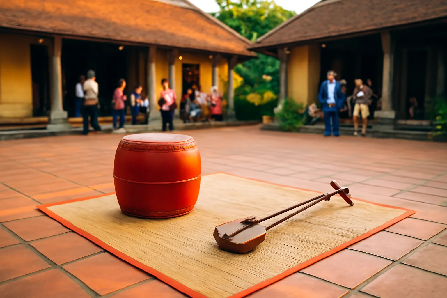 Chiếu chèo trải giữa sân đình, trống và đàn đặt bên cạnh, buổi chiều
