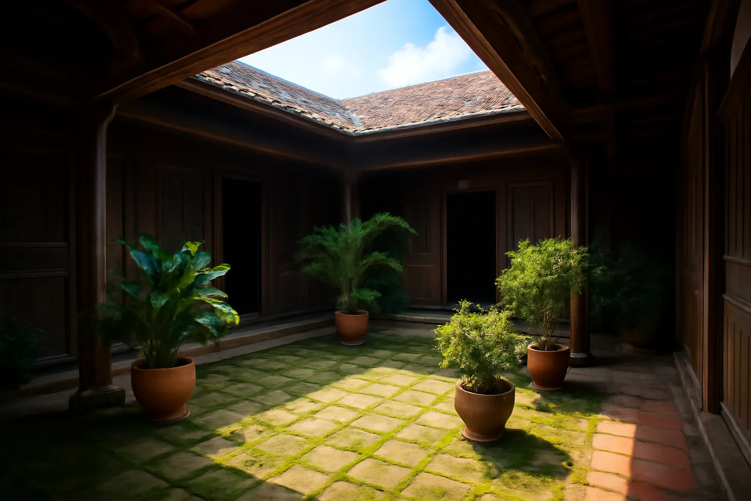 Sân trong nhà cổ có chậu cây, ánh nắng rọi xuống từ giếng trời
