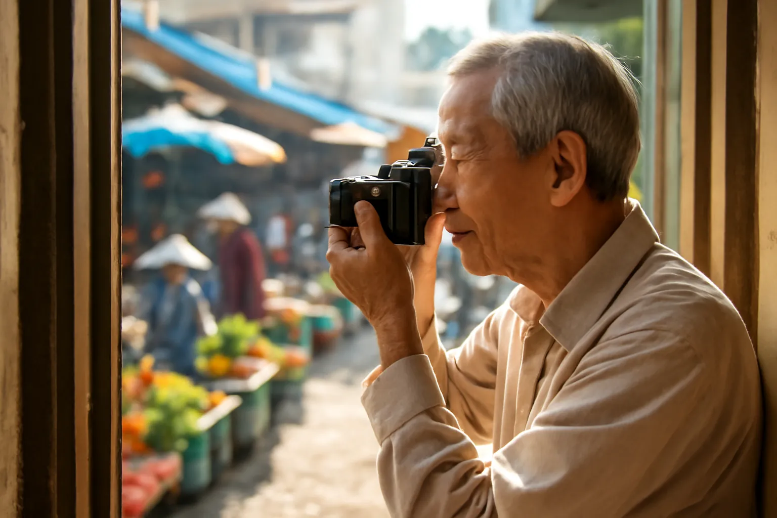 Ông cụ cầm máy ảnh phim ngắm qua khung cửa một khu chợ buổi sáng