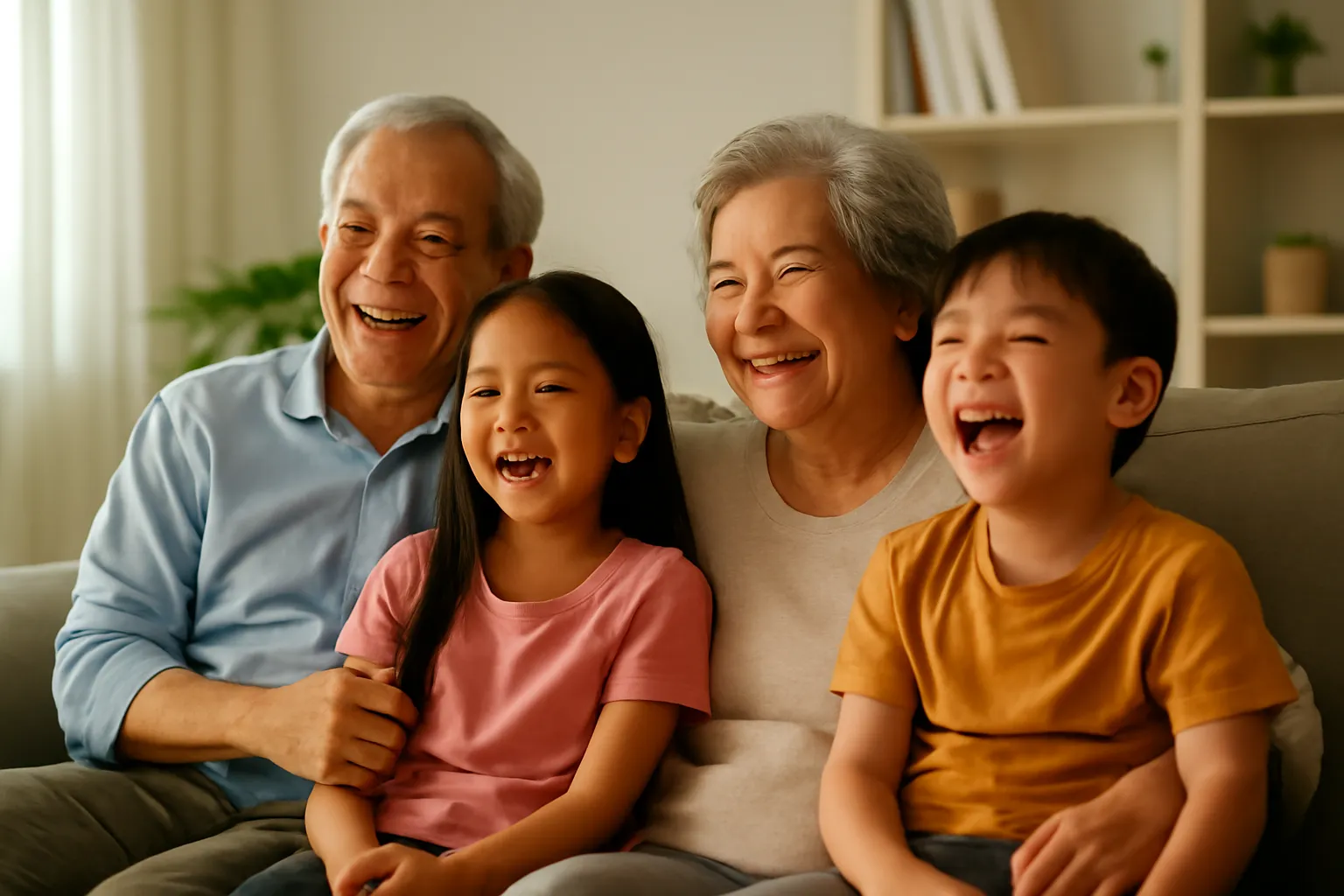 Gia đình ba thế hệ cười trên sofa phòng khách, ánh màn hình hắt lên mặt