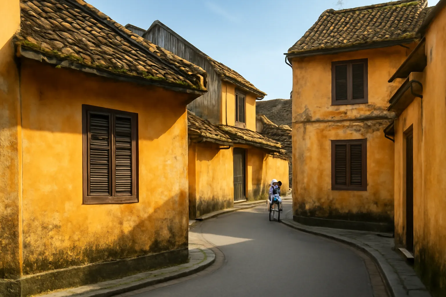 Góc phố cổ Hà Nội mái ngói nâu, tường vàng loang buổi sáng vắng người