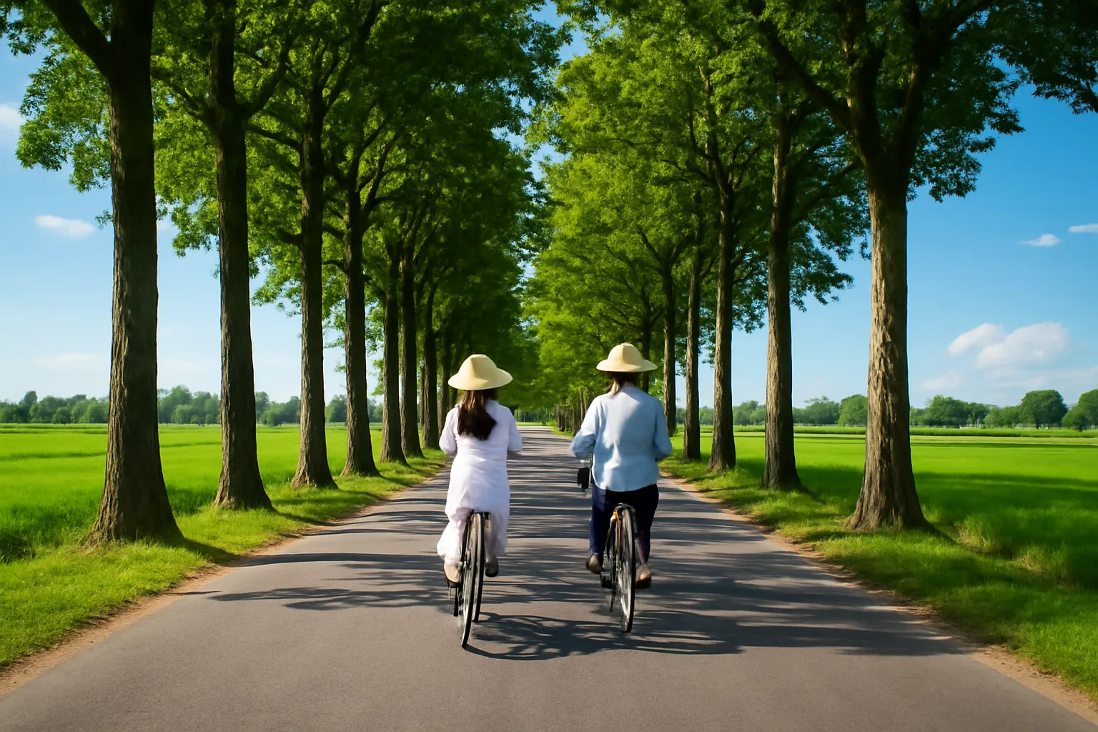 Con đường hàng cây thẳng tắp hút về phía xa với hai người đạp xe