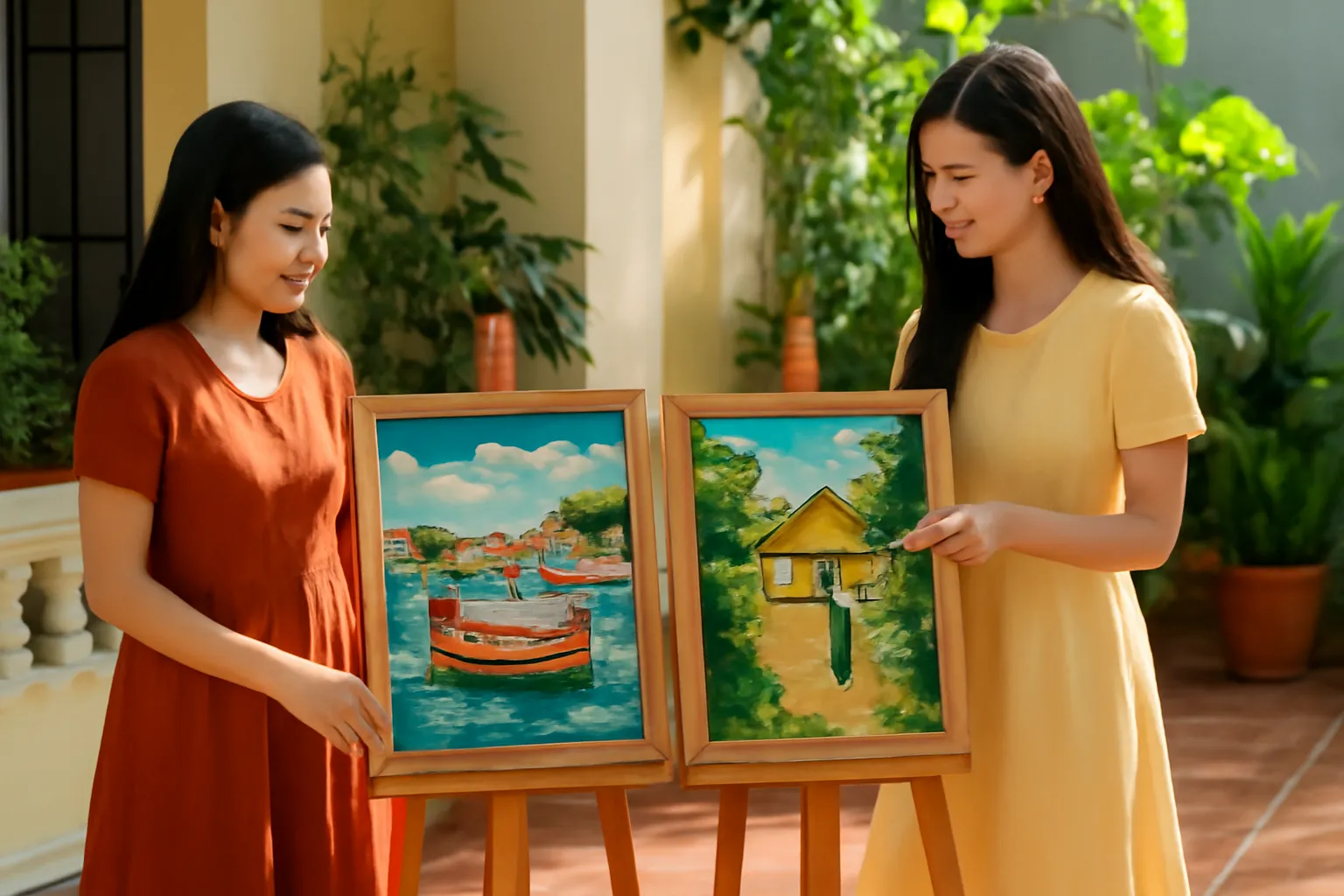 Hai chị em so sánh hai bức tranh dựng trên giá gỗ ngoài hiên nhà