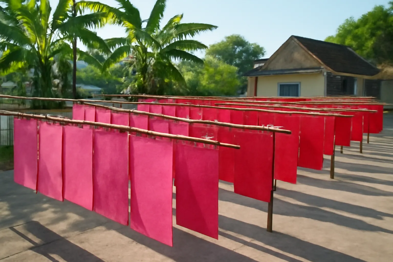 Xấp giấy màu đỏ hồng phơi trên sào tre ở sân làng ven sông