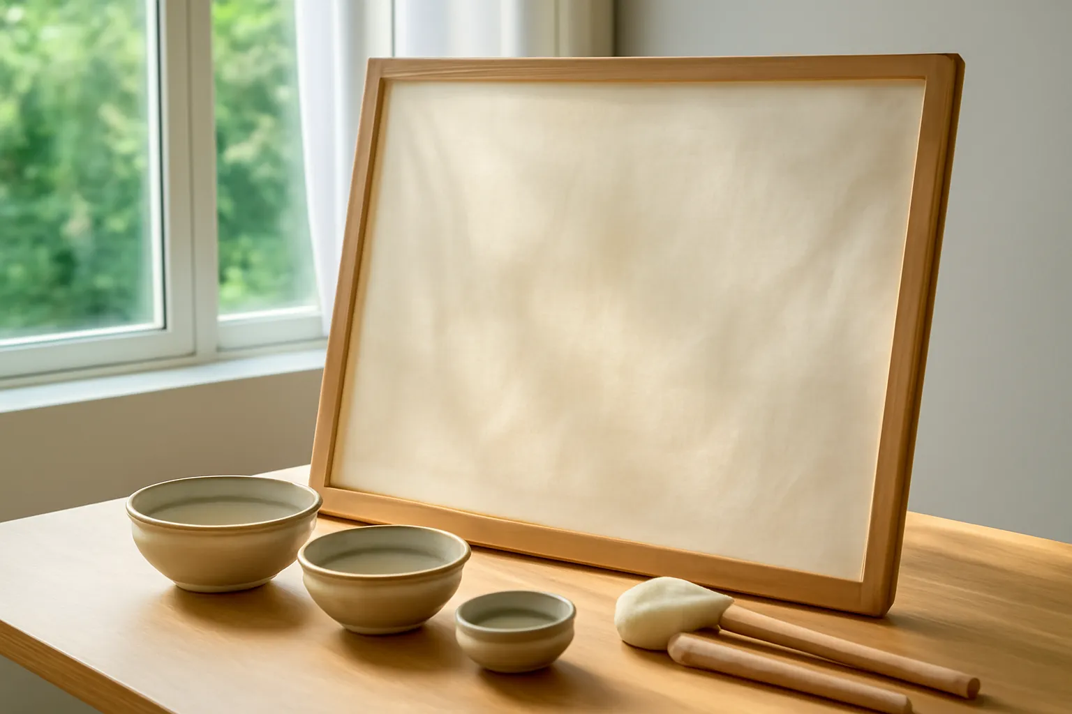 Tấm lụa mỏng căng trên khung gỗ đặt cạnh cửa sổ, ánh sáng xuyên qua