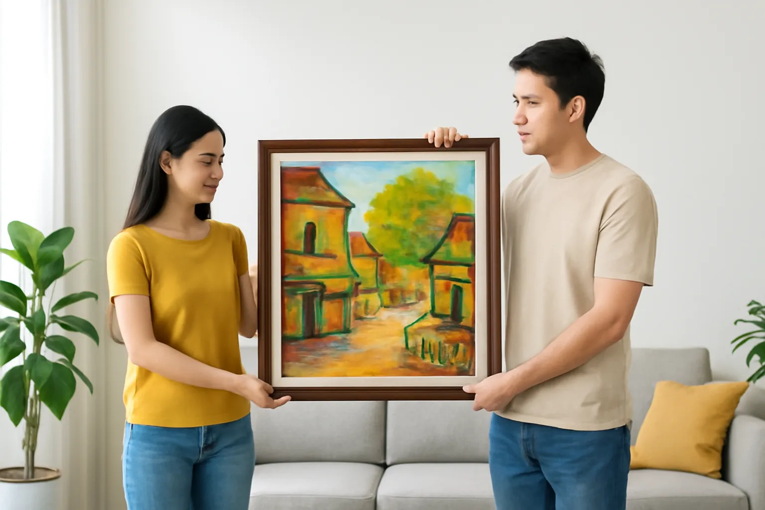 Hai vợ chồng giữ khung tranh áp lên tường phòng khách sáng để ướm
