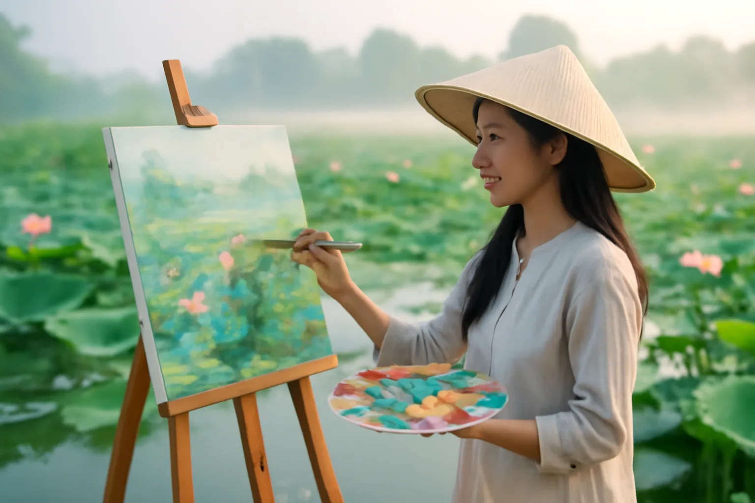 Cô gái vẽ trên giá ngoài trời bên hồ sen buổi sớm có sương mỏng