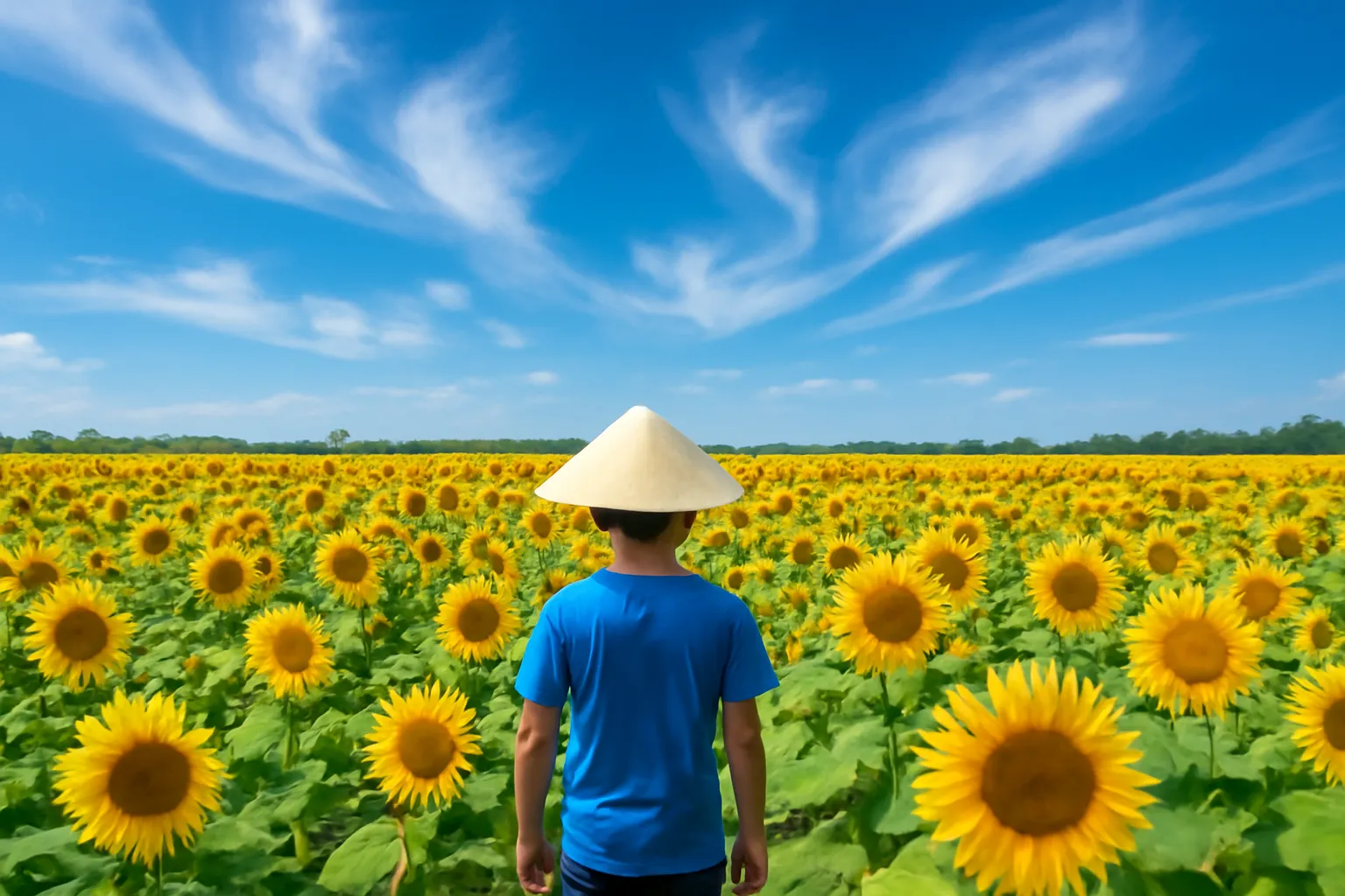 Cánh đồng hướng dương cuối hạ, cậu bé đội nón lá đi giữa