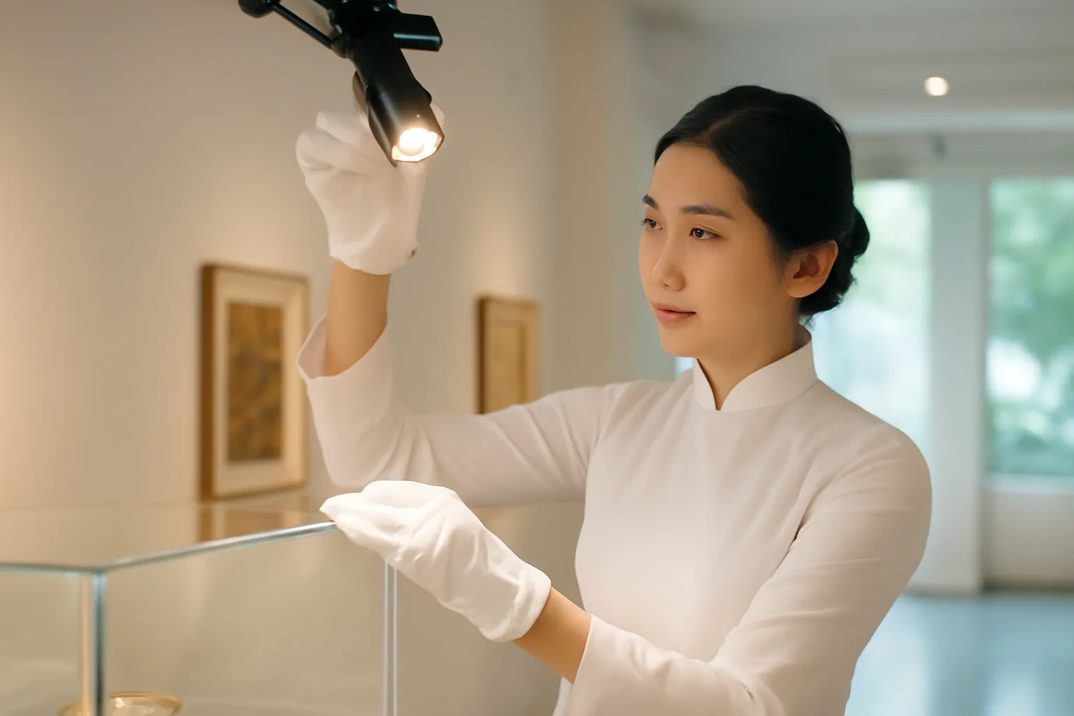 Nhân viên bảo tàng đeo găng trắng chỉnh đèn chiếu trong phòng tối nhẹ