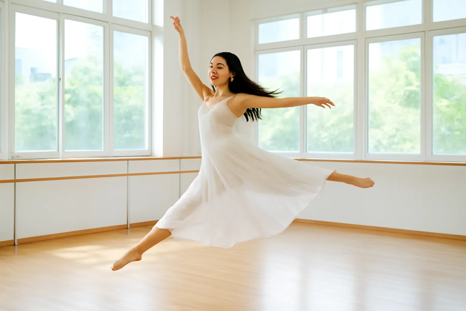 Vũ công nữ váy trắng bật nhảy giữa không trung trên sàn tập gỗ sáng