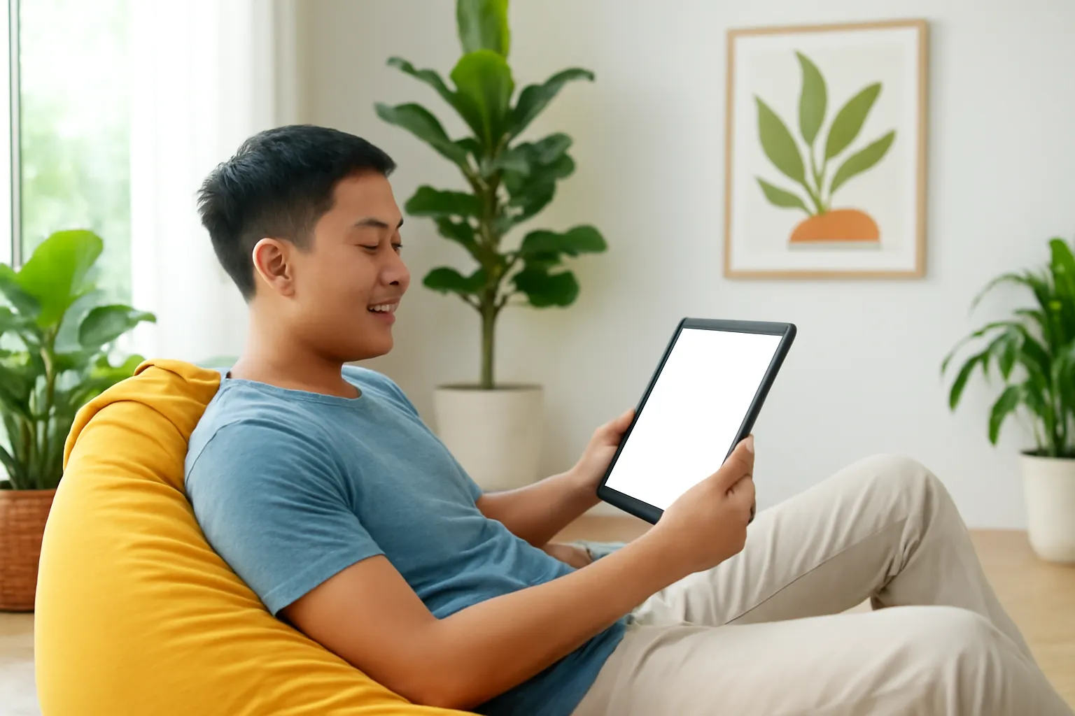 Chàng trai ngồi ghế lười cầm máy tính bảng màn hình trống trong phòng sáng